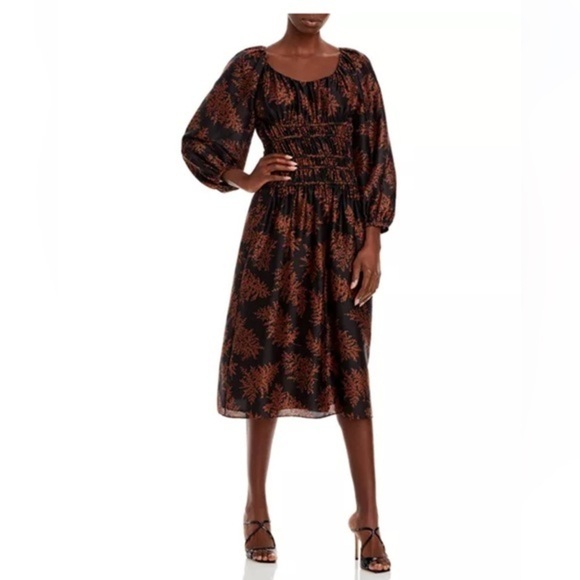 Rebecca Taylor Arden Fern Silk MIDI Dress Black/Copper Colored floral print L - Picture 1 of 16